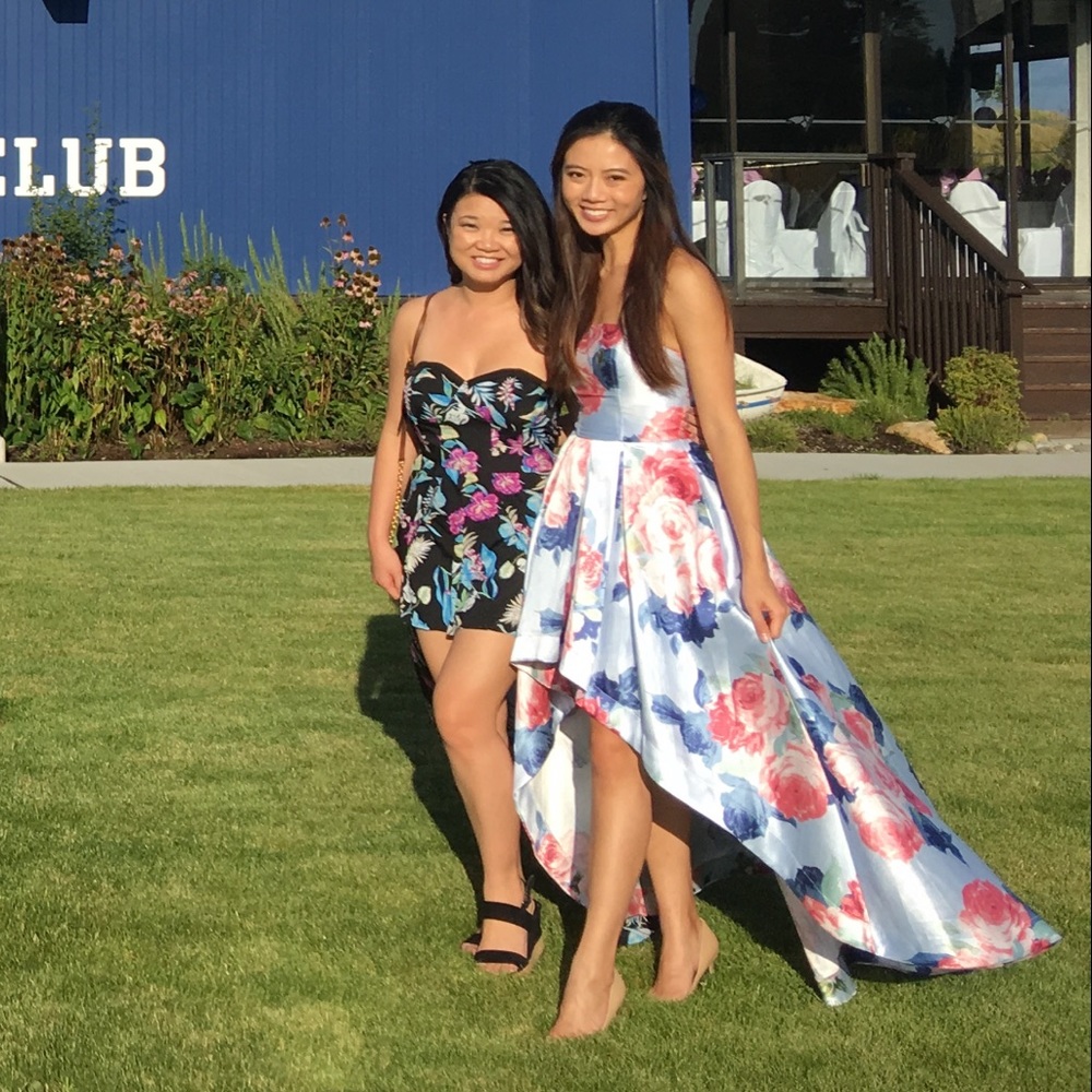 Strapless high low floral formal gown with pockets
